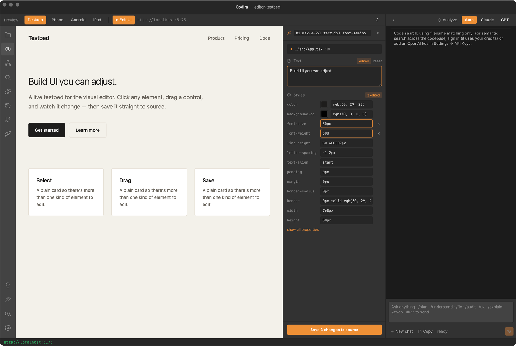 The Codira visual editor — a rendered app in the live preview with an element selected, its text and styles editable in a side panel, and a Save changes to source button.